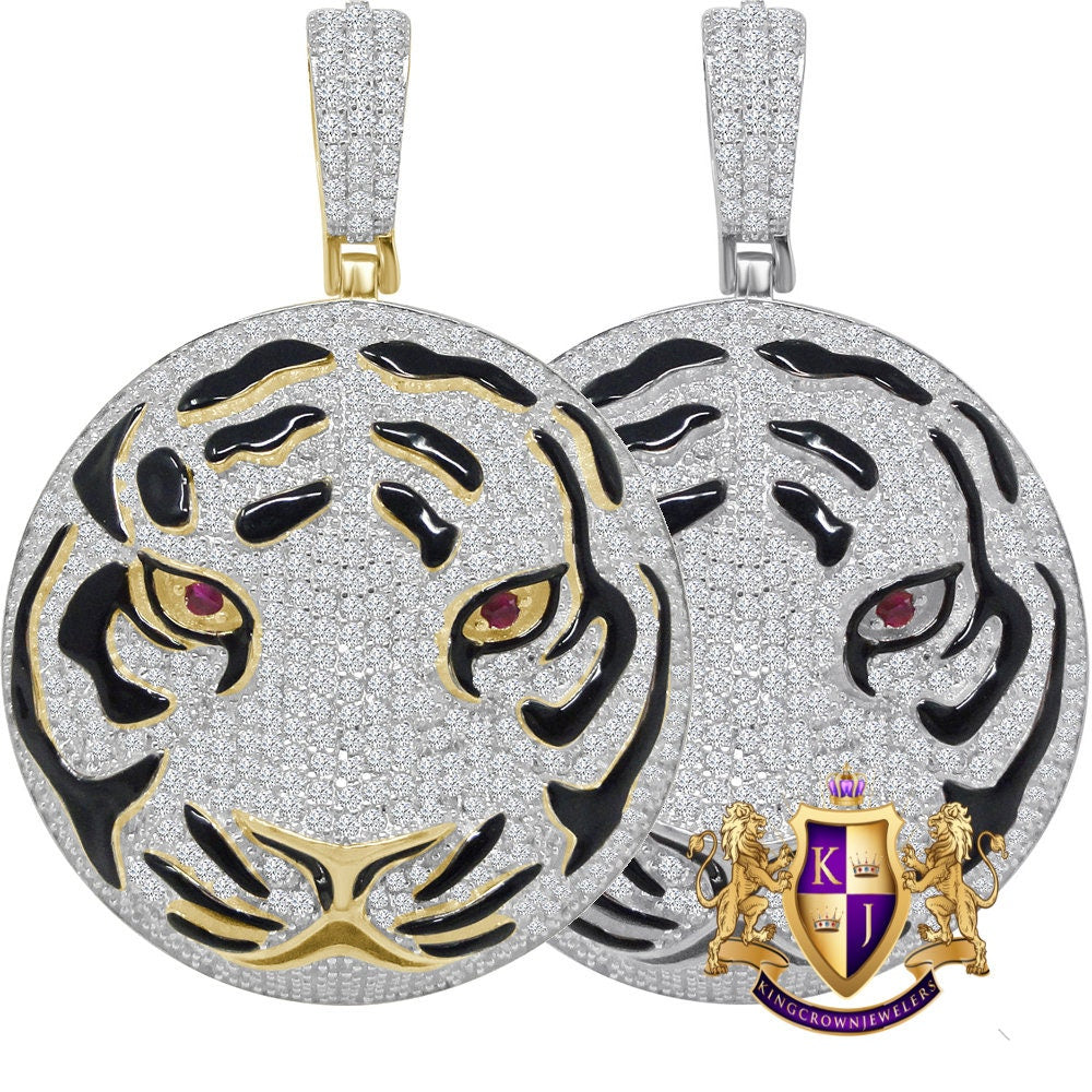 20+ Grams Real Genuine Sterling Silver 3.45 Ct. Simulated Diamond 14K Gold On Men's Black Enamel Lion Head Round Pendant Cat Charm Medallion