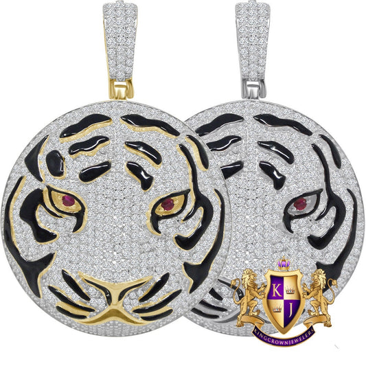20+ Grams Real Genuine Sterling Silver 3.45 Ct. Simulated Diamond 14K Gold On Men's Black Enamel Lion Head Round Pendant Cat Charm Medallion