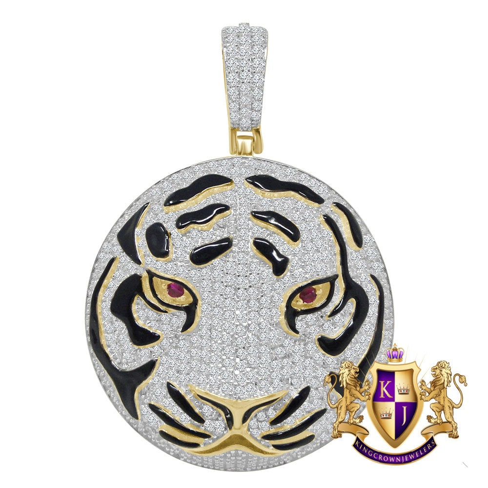 20+ Grams Real Genuine Sterling Silver 3.45 Ct. Simulated Diamond 14K Gold On Men's Black Enamel Lion Head Round Pendant Cat Charm Medallion