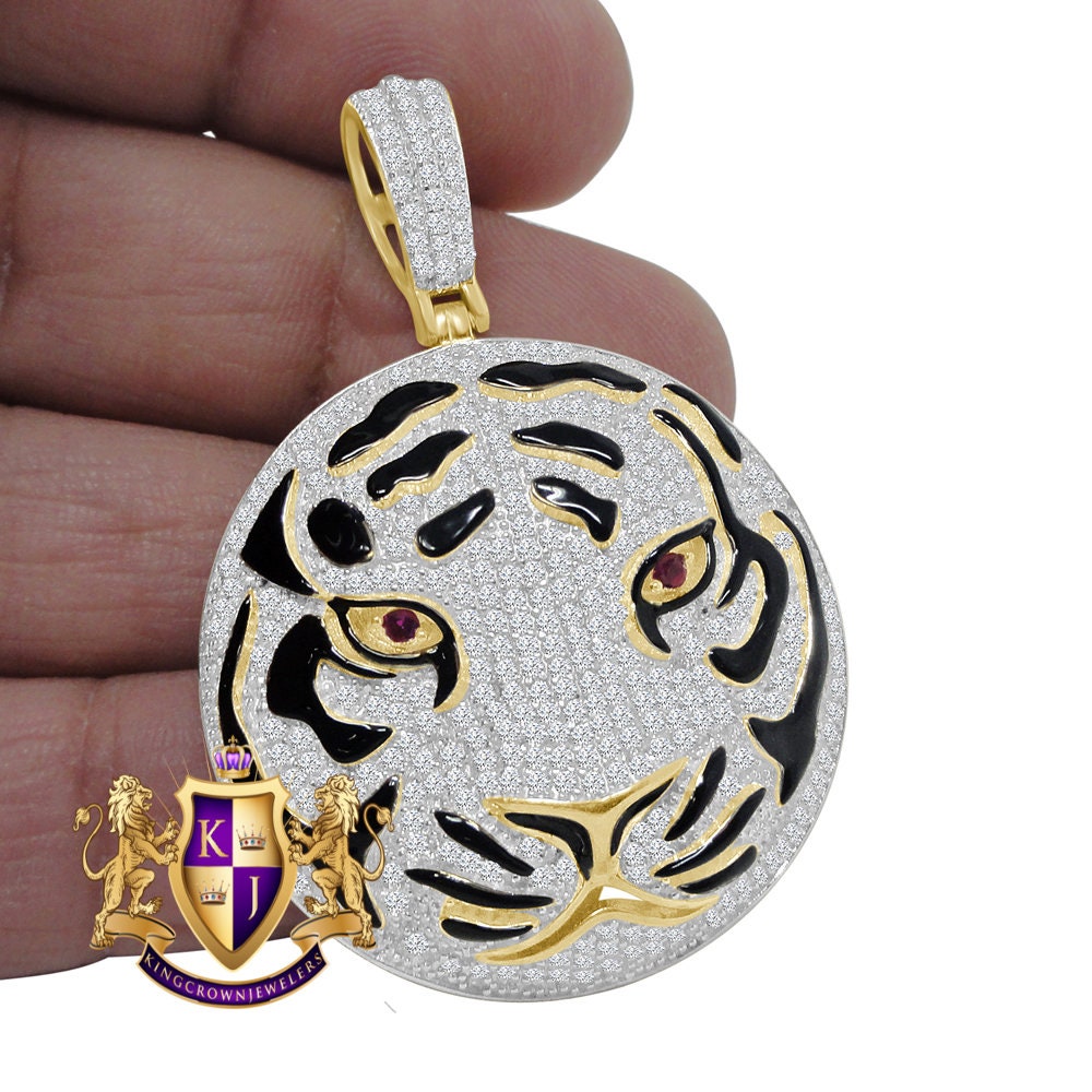 20+ Grams Real Genuine Sterling Silver 3.45 Ct. Simulated Diamond 14K Gold On Men's Black Enamel Lion Head Round Pendant Cat Charm Medallion