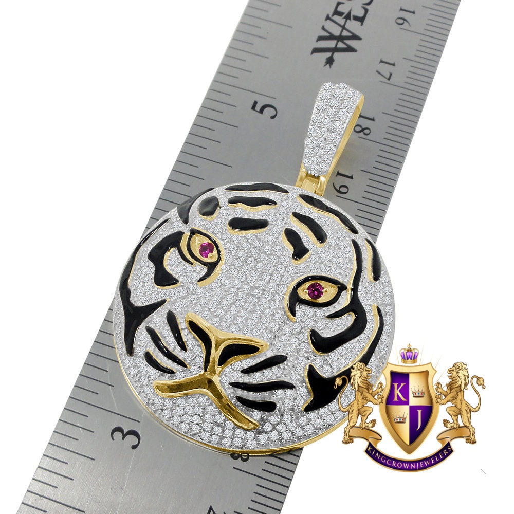 20+ Grams Real Genuine Sterling Silver 3.45 Ct. Simulated Diamond 14K Gold On Men's Black Enamel Lion Head Round Pendant Cat Charm Medallion
