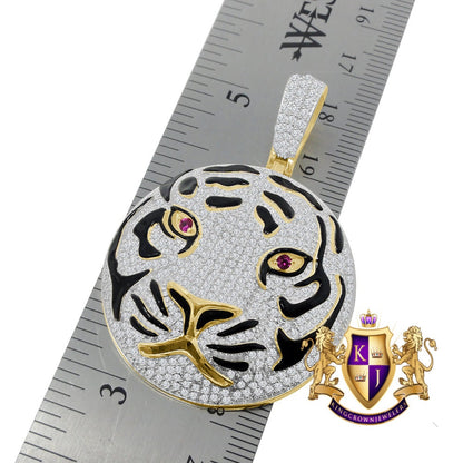 20+ Grams Real Genuine Sterling Silver 3.45 Ct. Simulated Diamond 14K Gold On Men's Black Enamel Lion Head Round Pendant Cat Charm Medallion