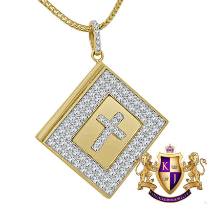 Real Yellow Gold Sterling Silver Simulated Diamonds Religious Bible Book Cross Charm Pendent Chain Set