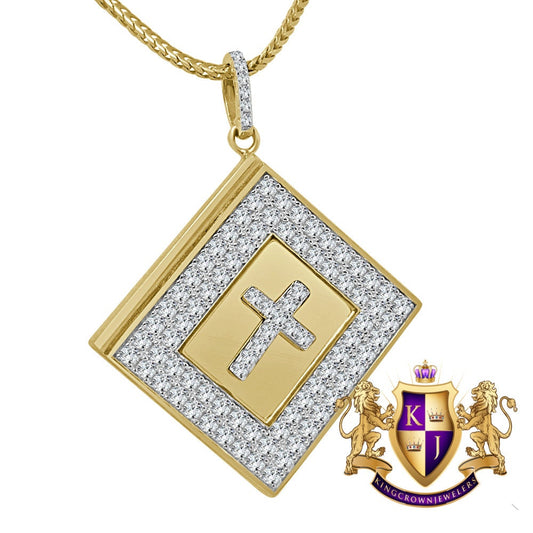 Real Yellow Gold Sterling Silver Simulated Diamonds Religious Bible Book Cross Charm Pendent Chain Set