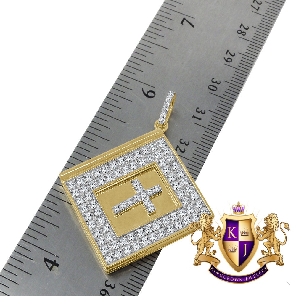 Real Yellow Gold Sterling Silver Simulated Diamonds Religious Bible Book Cross Charm Pendent Chain Set