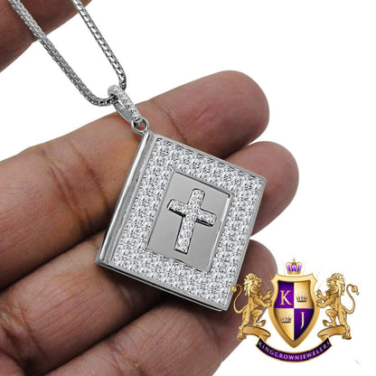 14K White Gold Over Real Sterling Silver Simulated Diamonds Religious Bible Book Cross Charm Pendent Chain Set