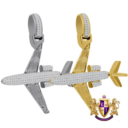 Men's 14K Gold Over Sterling Silver Pendant Airplane Pave Charm Simulated Diamond Pendant 2''