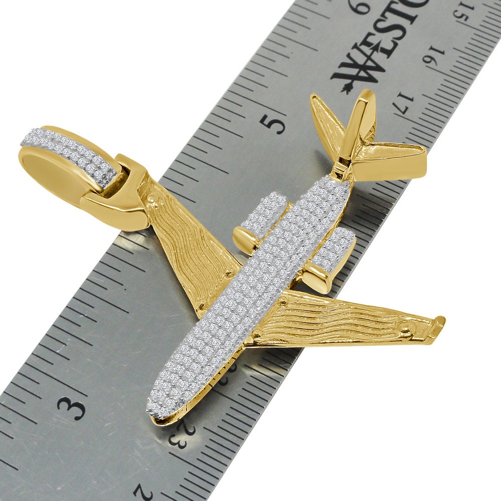 Men's 14K Gold Over Sterling Silver Pendant Airplane Pave Charm Simulated Diamond Pendant 2''