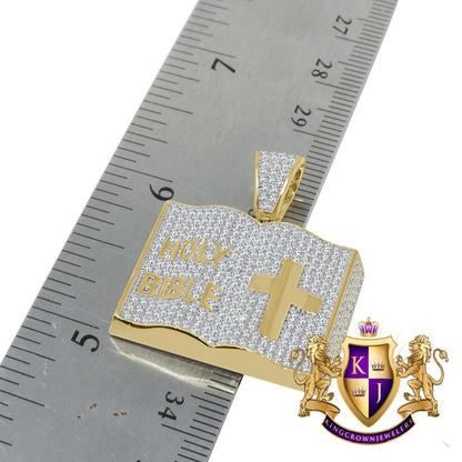 Genuine Italian Sterling Silver Holy Open Bible Book Jesus Cross Pendant Diamond Charm + Chain