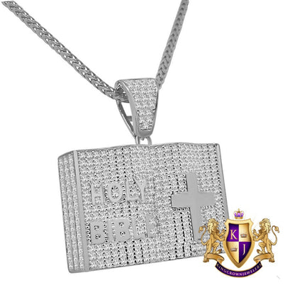 Genuine Italian Sterling Silver White Gold Tone Holy Open Bible Book Jesus Cross Pendant Diamond Charm + Chain