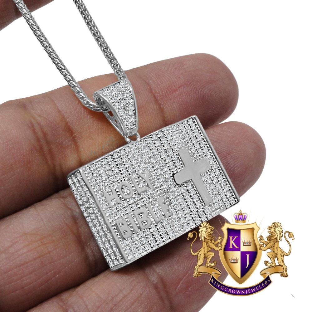 Genuine Italian Sterling Silver White Gold Tone Holy Open Bible Book Jesus Cross Pendant Diamond Charm + Chain
