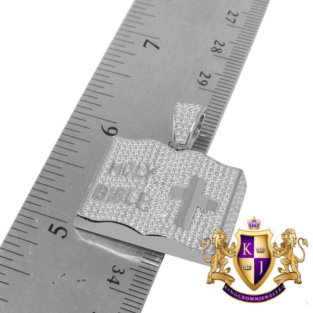 Genuine Italian Sterling Silver White Gold Tone Holy Open Bible Book Jesus Cross Pendant Diamond Charm + Chain