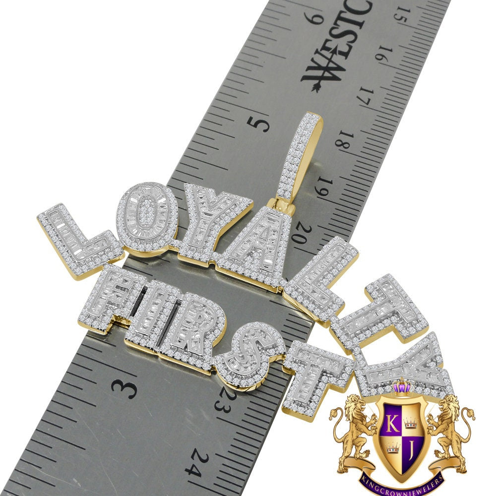 Baguette Custom Piece Real Yellow Gold Sterling Silver Simulated Diamond LOYALTY FIRST Pendent Charm Chain Set