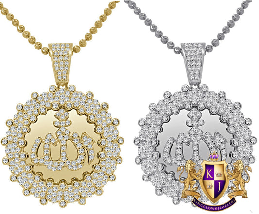 Real Genuine Sterling Silver 14K Gold Over Allah God Muslim Arabic Islamic Islamic Flower 1.50 Cwt. Simulated Diamond Pendant Charm + Chain