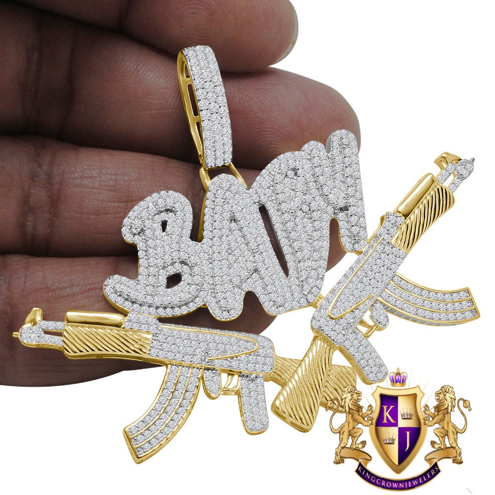 Men's Custom Piece Real Sterling Silver Simulated Diamond 14K Gold Finish Baby Pendent Charm