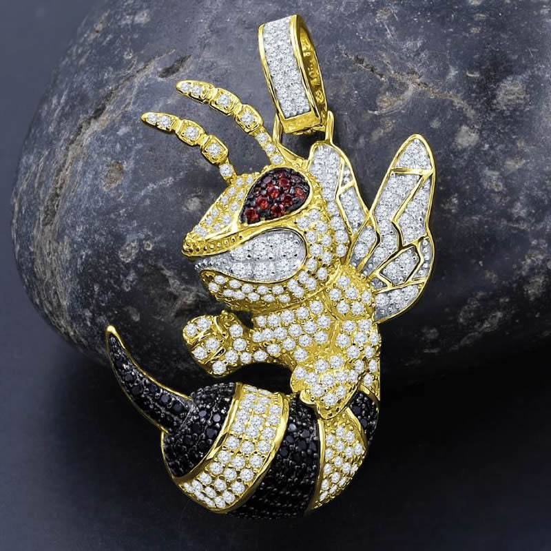 Multi Tone Real Sterling Silver 14K Gold Finish Simulated Diamond Honey-Bee Custom Pendent Charm