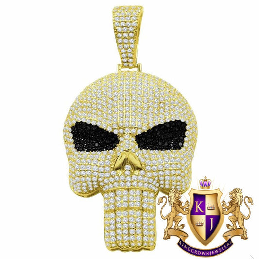 14K Yellow Gold On Genuine Sterling Silver Simulated Diamond Skull Brain Pain Pendent Charm 2.25''
