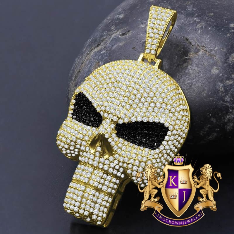 14K Yellow Gold On Genuine Sterling Silver Simulated Diamond Skull Brain Pain Pendent Charm 2.25''