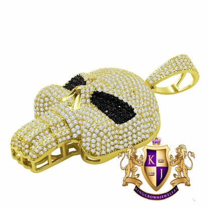 14K Yellow Gold On Genuine Sterling Silver Simulated Diamond Skull Brain Pain Pendent Charm 2.25''