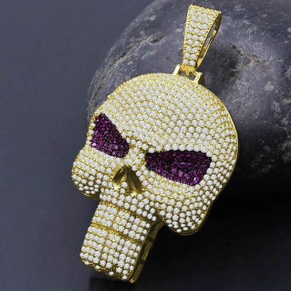 Pink Eye 14K Yellow Gold On Genuine Sterling Silver Simulated Diamond Skull Brain Pain Pendent Charm 2.25''