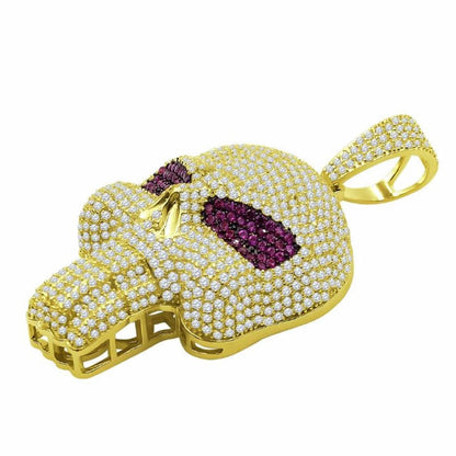 Pink Eye 14K Yellow Gold On Genuine Sterling Silver Simulated Diamond Skull Brain Pain Pendent Charm 2.25''