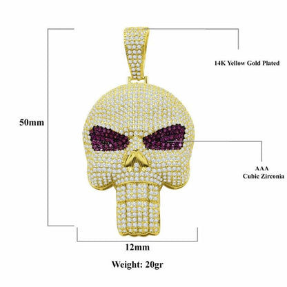 Pink Eye 14K Yellow Gold On Genuine Sterling Silver Simulated Diamond Skull Brain Pain Pendent Charm 2.25''