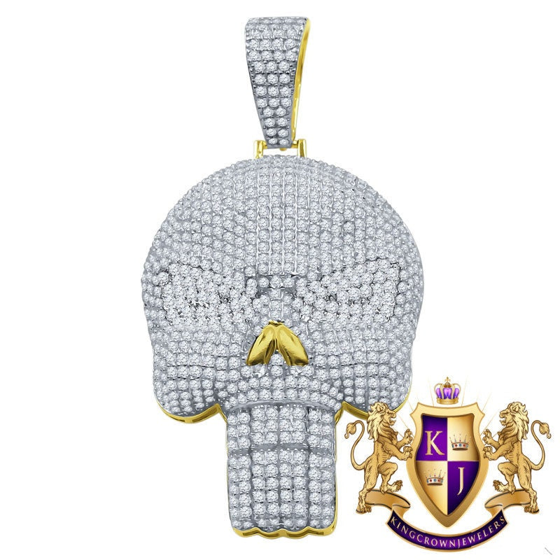 Men's 14K Gold Over Pure Sterling Silver Pendant Skull Pave Charm Simulated Diamond Pendant 2.25''