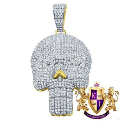 Men's 14K Gold Over Pure Sterling Silver Pendant Skull Pave Charm Simulated Diamond Pendant 2.25''