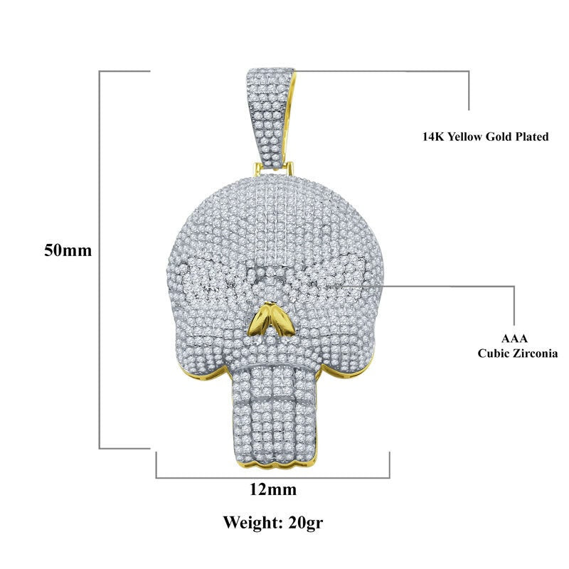 Men's 14K Gold Over Pure Sterling Silver Pendant Skull Pave Charm Simulated Diamond Pendant 2.25''