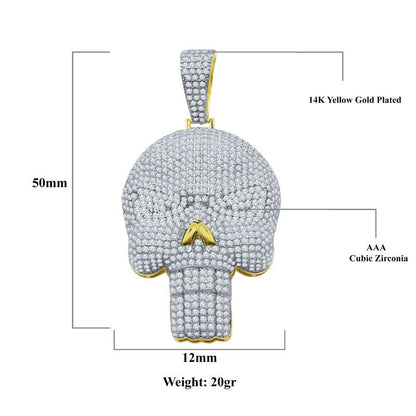 Men's 14K Gold Over Pure Sterling Silver Pendant Skull Pave Charm Simulated Diamond Pendant 2.25''