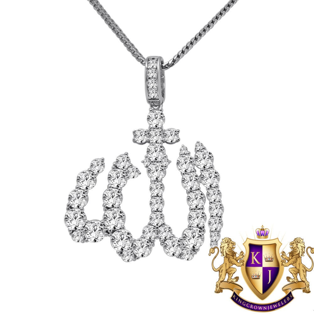 18+ Grams Solitaire Real Genuine Sterling Silver 2.00 Ct. Simulated Diamond Allah Muslim God Islamic Unisex Pendant Charm Chain Neckless Set