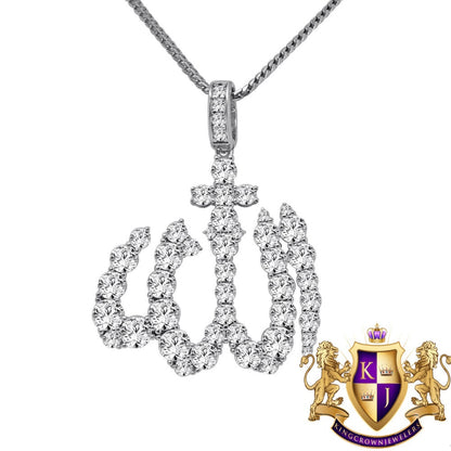 18+ Grams Solitaire Real Genuine Sterling Silver 2.00 Ct. Simulated Diamond Allah Muslim God Islamic Unisex Pendant Charm Chain Neckless Set