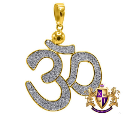 Pure Yellow Gold Sterling Silver Hindu Symbol OM Pendant Simu Diamond Pave Charm 1.85''