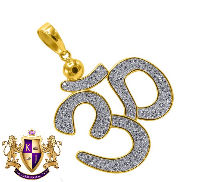 Pure Yellow Gold Sterling Silver Hindu Symbol OM Pendant Simu Diamond Pave Charm 1.85''
