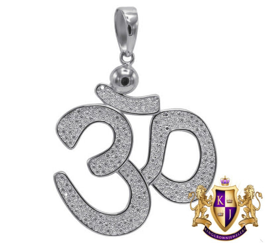 14K White Gold Over Real Sterling Silver Hindu Symbol OM Pendant Simu Diamond Pave Charm 1.85''