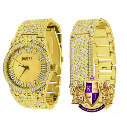 Gold Dial Men Custom Nugget Watch Bracelet Set Simulated Diamond Analog 43mm