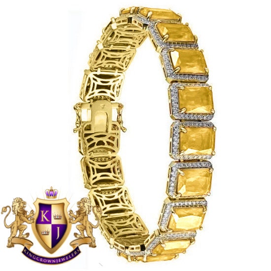 Unisex 14K Yellow Gold Over Real Sterling Silver Canary Citrine Bracelet Simulated Diamonds 12mm/7.5 INCH