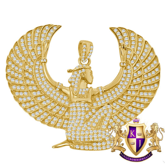 32+ Grams Real Yellow Gold Sterling Silver Egyptian Sky Goddess God Isis Simulated Diamond Custom Pendent Pharoah Charm
