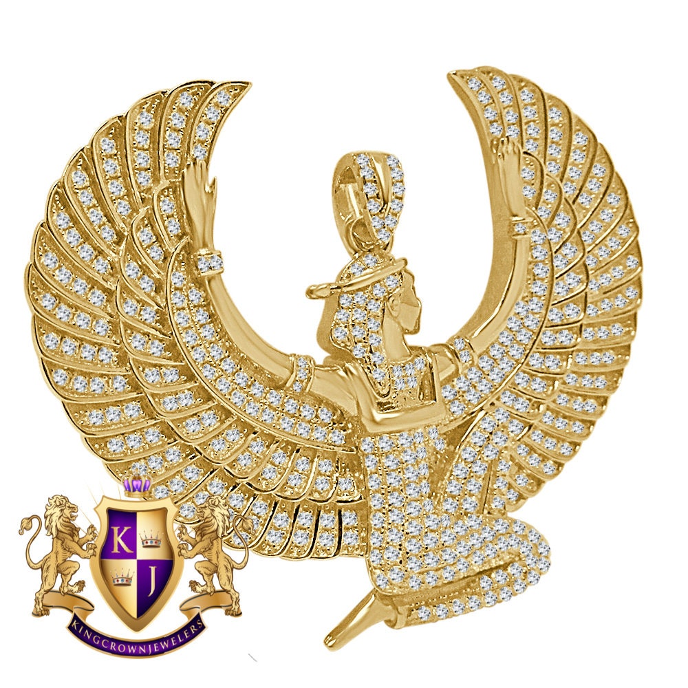 32+ Grams Real Yellow Gold Sterling Silver Egyptian Sky Goddess God Isis Simulated Diamond Custom Pendent Pharoah Charm