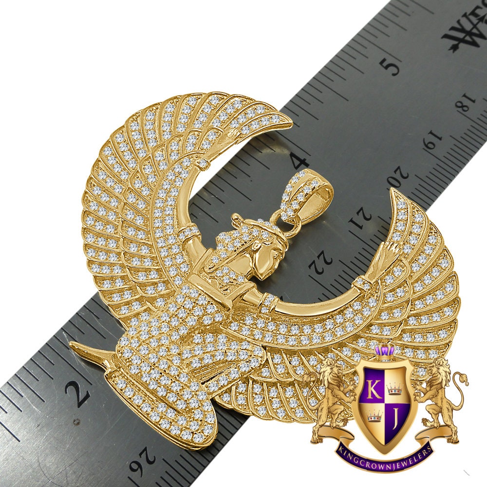 32+ Grams Real Yellow Gold Sterling Silver Egyptian Sky Goddess God Isis Simulated Diamond Custom Pendent Pharoah Charm