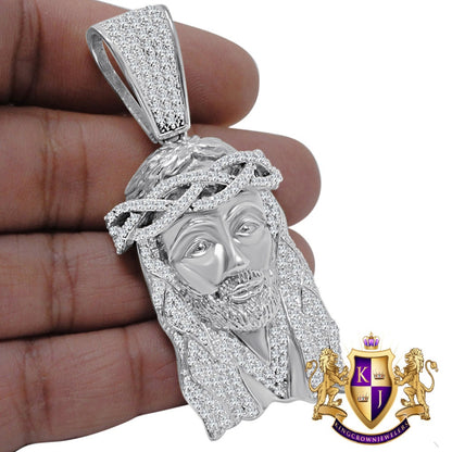 Big XL 2.85'' 14K White Gold On Real Sterling Silver Simulated Diamond Holy Jesus Face Pendent Religious Charm