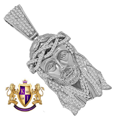 Big XL 2.85'' 14K White Gold On Real Sterling Silver Simulated Diamond Holy Jesus Face Pendent Religious Charm