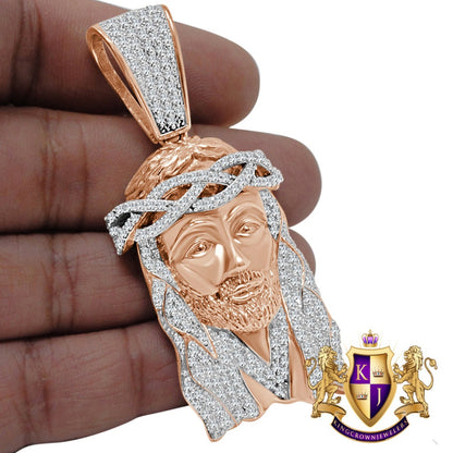 Big XL 2.85'' 14K Rose Gold On Real Sterling Silver Simulated Diamond Holy Jesus Face Pendent Religious Charm