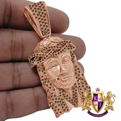 Brown Chocolate Big XL 2.85'' 14K Rose Gold On Real Sterling Silver Simulated Diamond Holy Jesus Face Pendent Religious Charm