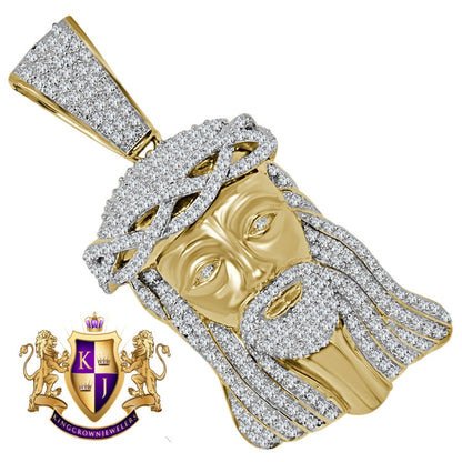 Real Yellow Gold Sterling Silver Simulated Diamond Holy Jesus Face Pendent Religious Charm Big  2.80''