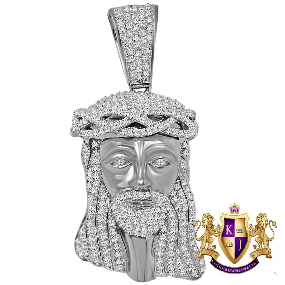 14K White Gold On Genuine Sterling Silver Simulated Diamond Holy Jesus Face Pendent Religious Charm Big  2.80''