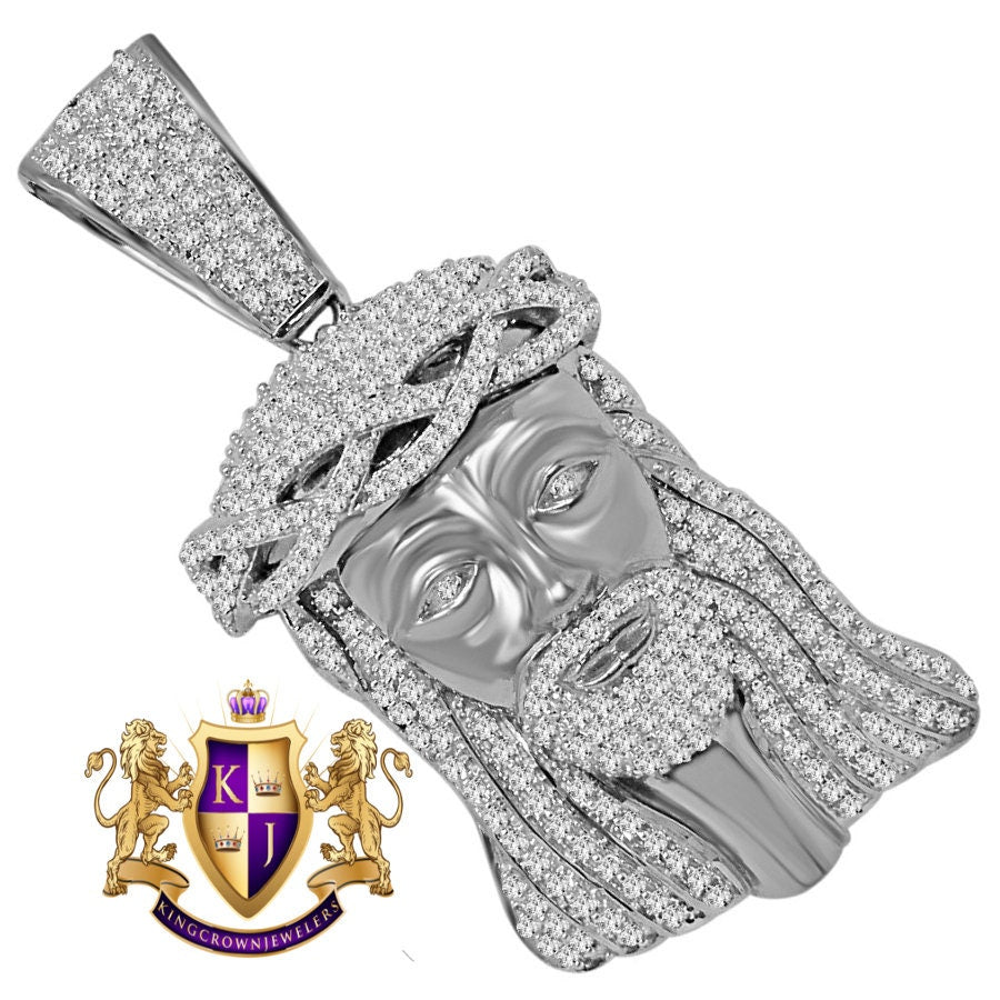 14K White Gold On Genuine Sterling Silver Simulated Diamond Holy Jesus Face Pendent Religious Charm Big  2.80''