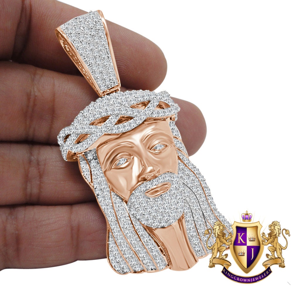 14K Rose Gold On Genuine Sterling Silver Simulated Diamond Holy Jesus Face Pendent Religious Charm Big  2.80''