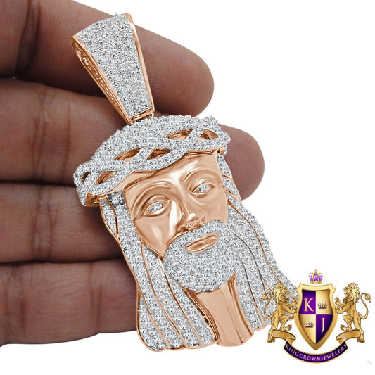 14K Rose Gold On Genuine Sterling Silver Simulated Diamond Holy Jesus Face Pendent Religious Charm Big  2.80''