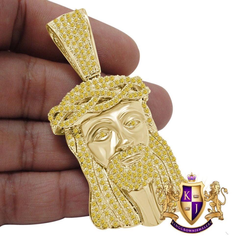 Yellow Canary Gold Finish Sterling Silver Simulated Diamond Holy Jesus Face Pendent Religious Charm Big  2.80''